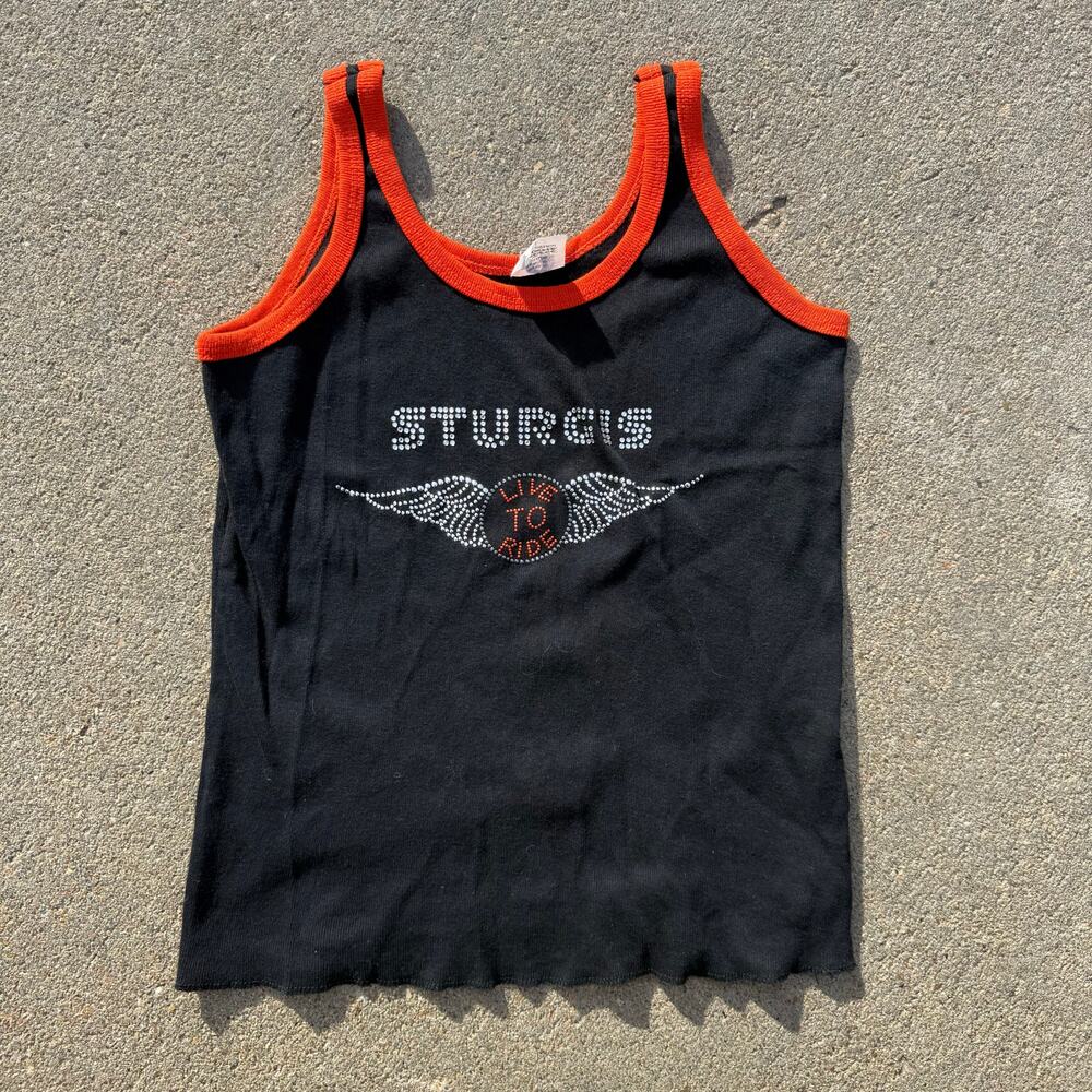 Sturgis Bling Live To Ride Moto Biker Chick Black Orange Ringer Tank Top LARGE